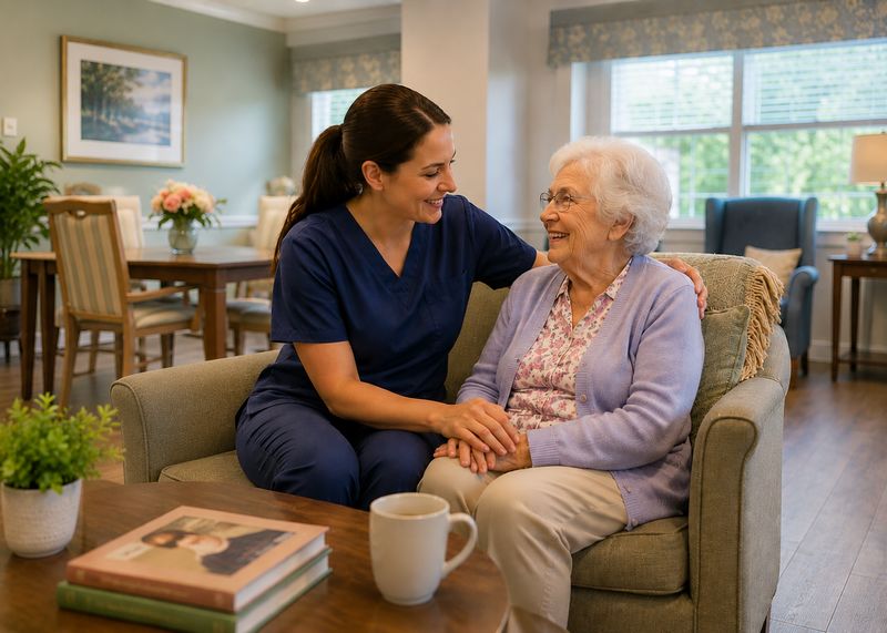 Caring staff with resident at The Waters of Hartford City